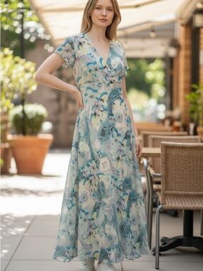 Chadwicks Teal and Cream Floral Wrap Maxi Dress